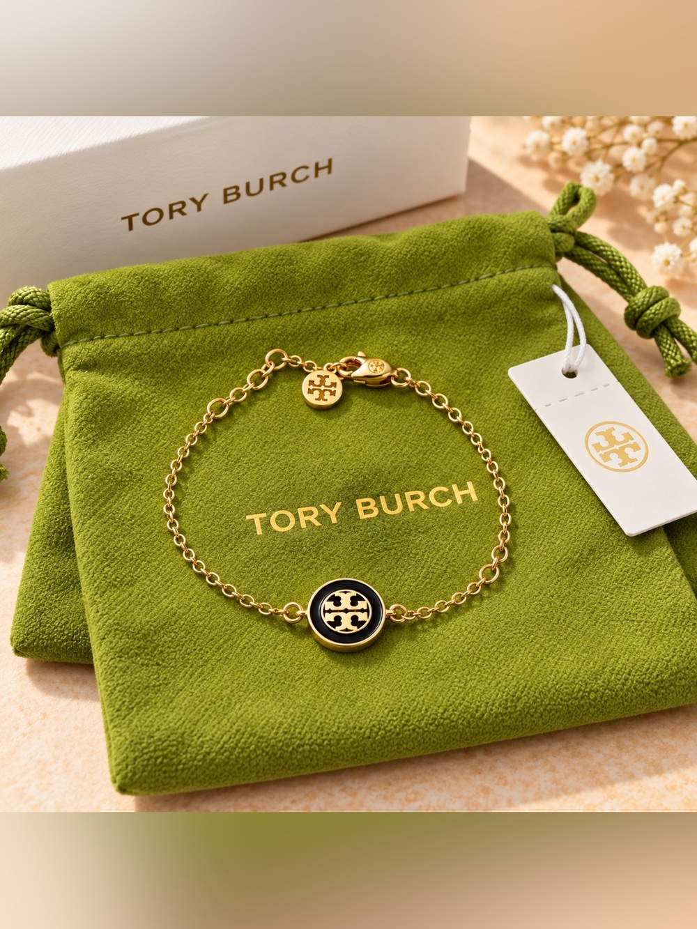 Tory Burch Gold and Black Logo Disc Chain Bracelet